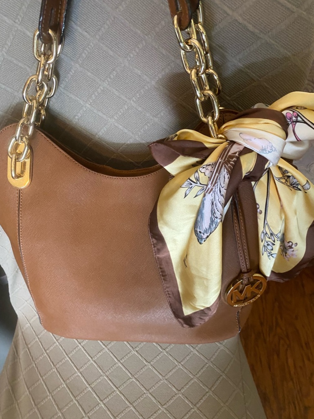 Michael Kors Tan Shoulder Bag with Gold Accents and scarf